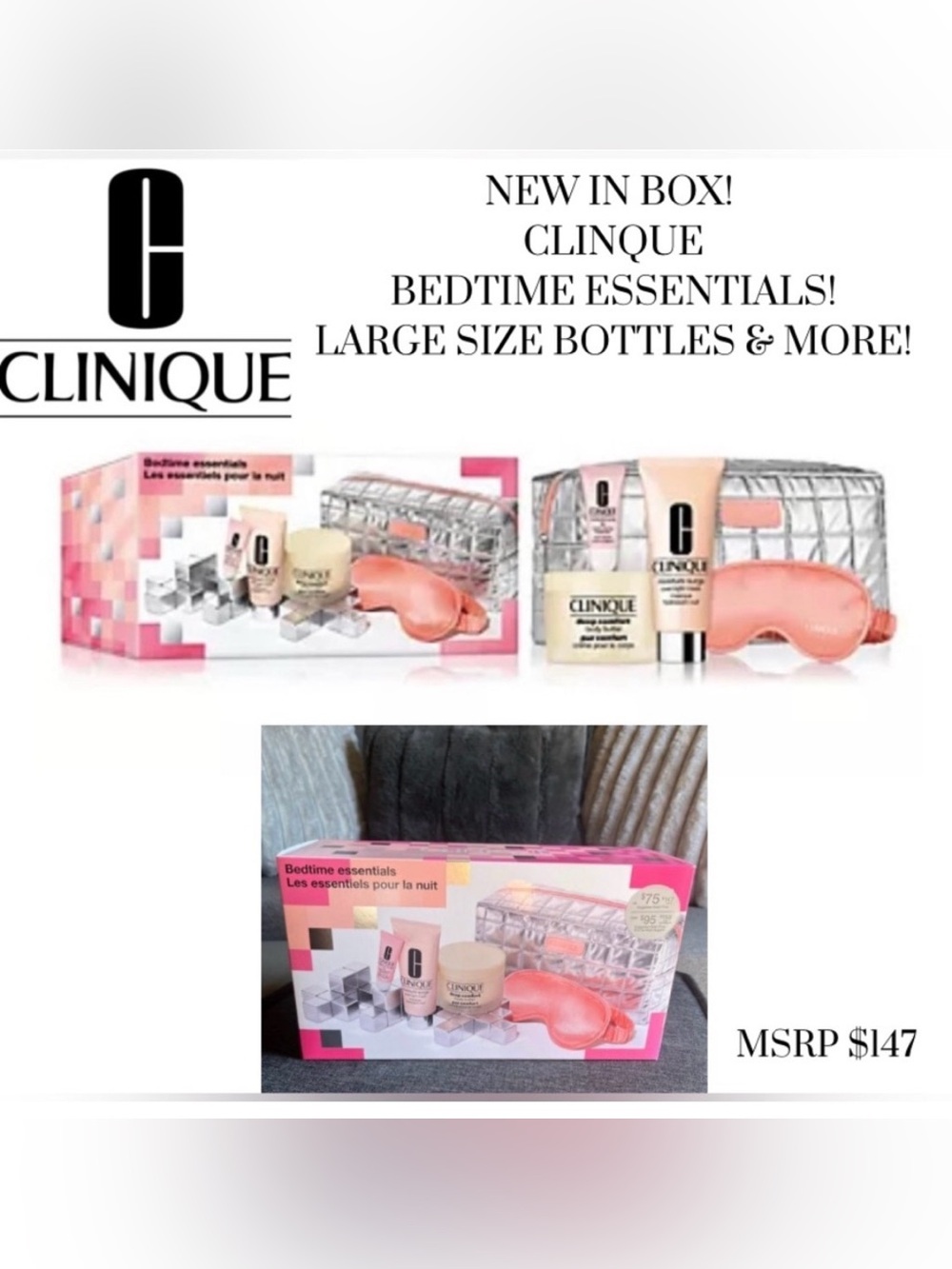 NEW IN BOX! CLINIQUE TRIO BEDTIME ESSENTIALS IN CUTE PINK BOX! 5 ⭐️ ITEM!